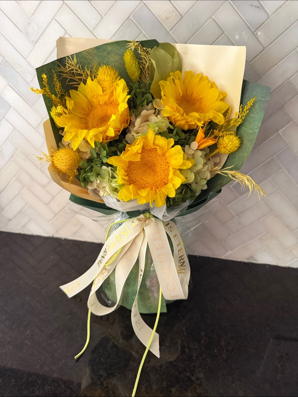 Preserved sunflower bouquet Love is eternal yellow flowers anniversary Birthday